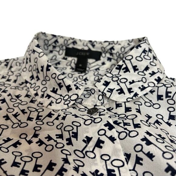 J. Crew classic silk button up blouse with Skelton key print black/white size 6 - Picture 11 of 15